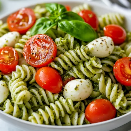 The Best Pesto Pasta Salad Recipe For Any Occasion 2 Vibrant Pesto Pasta Salad In A White Bowl Garnished With Fresh Basil And Pepper, Showcasing Rotini And Cherry Tomatoes.