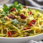 Bowl Of Pesto Spaghetti Squash Salad Topped With Sun-Dried Tomatoes And Fresh Parsley On A Wooden Surface