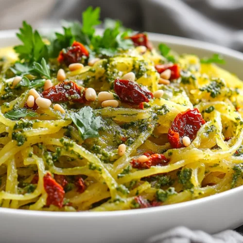 Pesto Spaghetti Squash Salad: A Healthy &Amp; Flavorful Dish 2 Bowl Of Pesto Spaghetti Squash Salad Topped With Sun-Dried Tomatoes And Fresh Parsley On A Wooden Surface