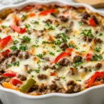 Philly Cheesesteak Casserole Low Carb With Melted Cheese And Bell Peppers, Garnished With Parsley In A White Dish