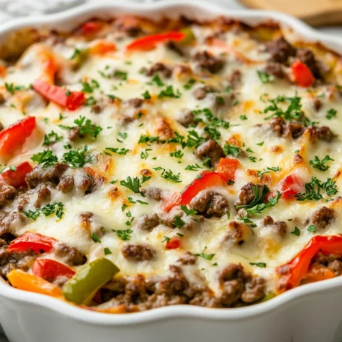 Philly Cheesesteak Casserole Low Carb: A Quick, Healthy Dinner 2 Philly Cheesesteak Casserole Low Carb With Melted Cheese And Bell Peppers, Garnished With Parsley In A White Dish
