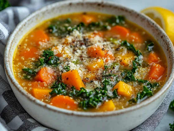 Bowl Of Quinoa Vegetable Soup Topped With Grated Cheese And Lemon, Showcasing Vibrant Veggies And Textures