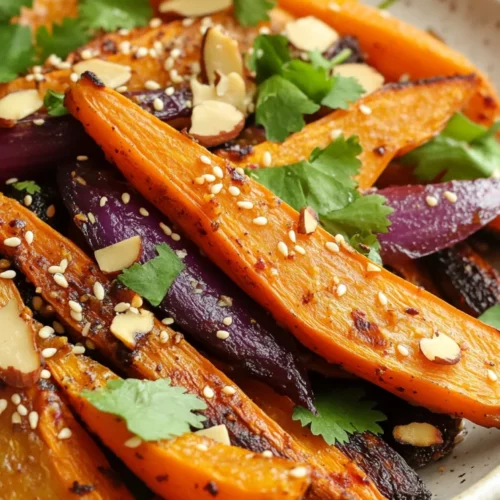 Roasted Carrots And Red Onions: A Nutritious And Flavorful Side 2 Vibrant Roasted Carrots And Red Onions On A White Plate, Topped With Almonds And Cilantro