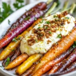Colorful Roasted Carrots With Whipped Feta Served On A White Platter, Garnished With Parsley And Crispy Breadcrumbs