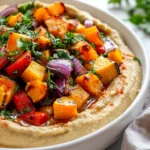 Bowl Of Roasted Vegetable Hummus Topped With Roasted Veggies And Zhoug, Garnished With Fresh Herbs