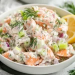 Creamy Salmon Salad For Lunch In A White Bowl, Garnished With Dill And Lemon, Showcasing Fresh Ingredients