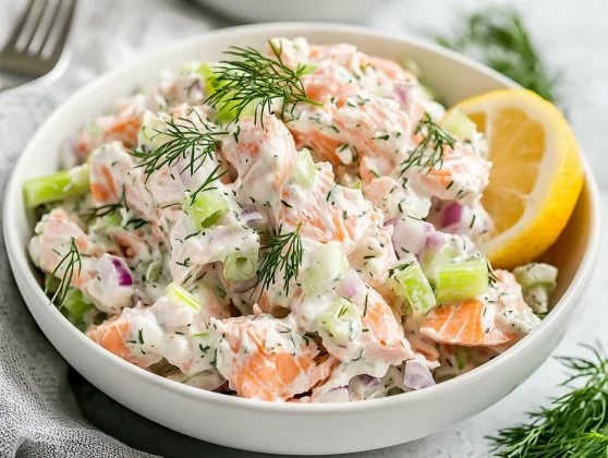 Creamy Salmon Salad For Lunch In A White Bowl, Garnished With Dill And Lemon, Showcasing Fresh Ingredients