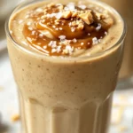 Close-Up Of A Salted Caramel Protein Shake With Almond Butter Swirl And Sea Salt, Served In A Glass With A Medjool Date.