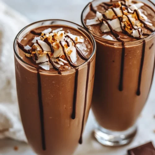 Samoa Cookie Protein Shake: A Delicious And Nutritious Treat 2 Samoa Cookie Protein Shake Topped With Toasted Coconut Flakes And Chocolate Drizzle In A Glass On A White Countertop