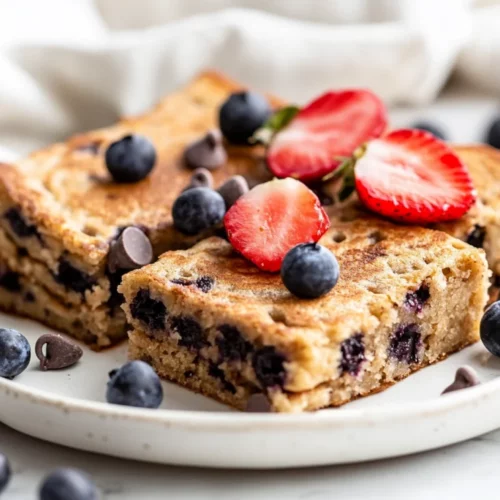 Sheet Pan Pancakes Kodiak Mix: Easy, Protein-Packed Breakfast Idea 2 Colorful Sheet Pan Pancakes Kodiak Mix Topped With Blueberries, Strawberries, And Chocolate Chips On A White Plate