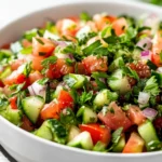 Colorful Shirazi Salad In A White Bowl, Garnished With Fresh Herbs And Zesty Dressing
