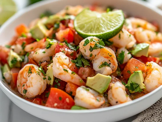 Colorful Shrimp Ceviche In A White Bowl Garnished With Cilantro And Lime Zest