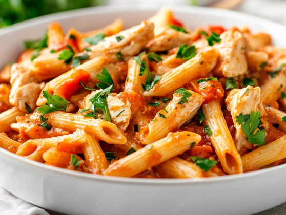 Skillet Chicken Penne Pasta: A Healthy And Delicious Family Dinner 2 Close-Up Of Skillet Chicken Penne Pasta In A White Bowl, Garnished With Parsley And Basil, Steaming With Vibrant Veggies.