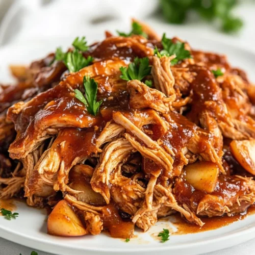 Slow Cooker Apple Bbq Chicken: Easy &Amp; Healthy Dinner Recipe 2 Close-Up Of Slow Cooker Apple Bbq Chicken On A White Plate, Garnished With Parsley And Chunks Of Apple.