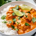 Bowl Of Slow Cooker Indian Butter Chicken Garnished With Cilantro And Lime Wedges, Served Over Rice