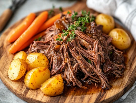 Slow Cooker Pot Roast Served With Tender Vegetables On A Rustic Cutting Board Garnished With Fresh Thyme