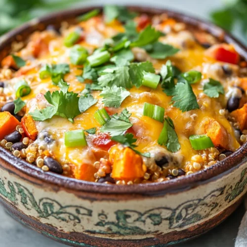 Slow Cooker Quinoa Casserole In A Rustic Bowl Topped With Melted Cheese, Cilantro, And Green Onions