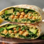 Delicious Spicy Chickpea Wraps With Spinach And Avocado On A White Plate, Garnished With Cilantro And Lemon