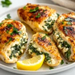 Golden Spinach Feta Stuffed Chicken On A White Plate, Garnished With Fresh Parsley And A Lemon Wedge