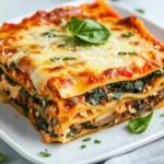 Slice Of Spinach Mushroom Lasagna On A White Plate, Garnished With Fresh Basil And Parmesan Cheese