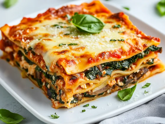 Spinach Mushroom Lasagna: A Healthy, Flavor-Packed Recipe 2 Slice Of Spinach Mushroom Lasagna On A White Plate, Garnished With Fresh Basil And Parmesan Cheese