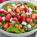 Fresh Spinach Strawberry Salad In A White Bowl, Topped With Feta Cheese And Pecans, Drizzled With Balsamic Dressing