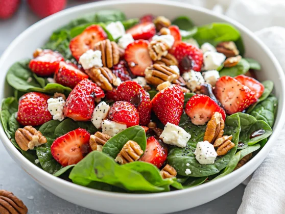 Spinach Strawberry Salad With Balsamic Poppy Seed Dressing 2 Fresh Spinach Strawberry Salad In A White Bowl, Topped With Feta Cheese And Pecans, Drizzled With Balsamic Dressing