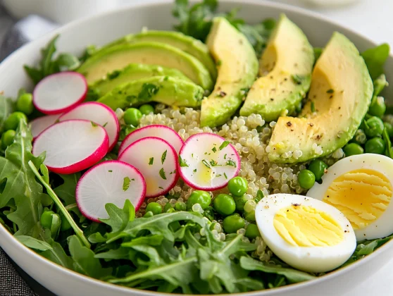 Fresh Spring Quinoa Salad With Arugula, Avocado, Asparagus, And Hard-Boiled Egg Served In A White Bowl