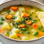 Bowl Of Spring Vegetable Soup Filled With Carrots, Potatoes, And Peas, Garnished With Parsley And Lemon Slice