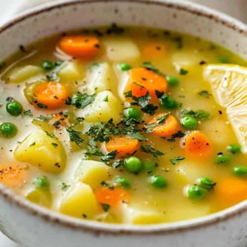 Bowl Of Spring Vegetable Soup Filled With Carrots, Potatoes, And Peas, Garnished With Parsley And Lemon Slice