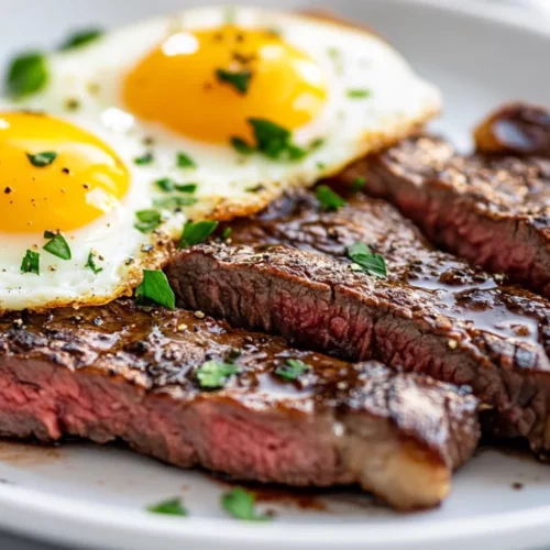 The Best Steak And Eggs Breakfast For A Protein-Packed Morning 2 Steak And Eggs Breakfast On A White Plate With Sunny-Side-Up Eggs And Fresh Parsley Garnish
