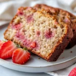 Slice Of Strawberry Banana Bread On A White Plate, Garnished With Fresh Strawberries And Showcasing Inviting Texture