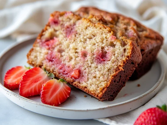Strawberry Banana Bread – Healthy, Easy, And Irresistible 2 Slice Of Strawberry Banana Bread On A White Plate, Garnished With Fresh Strawberries And Showcasing Inviting Texture
