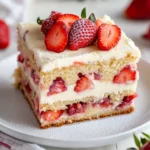 Slice Of Strawberry Earthquake Cake On A White Plate Garnished With Fresh Strawberries And Powdered Sugar