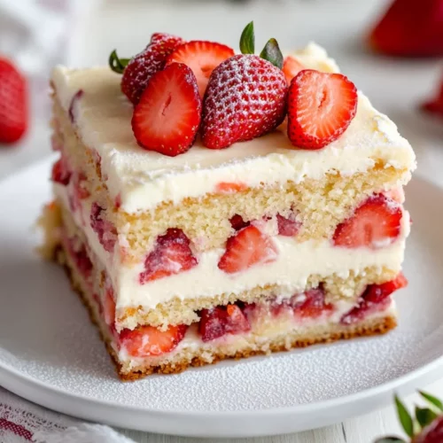 Strawberry Earthquake Cake Packed With Flavor And Creamy Goodness 2 Slice Of Strawberry Earthquake Cake On A White Plate Garnished With Fresh Strawberries And Powdered Sugar