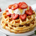 Stack Of Golden Strawberry Shortcake Waffles Topped With Fresh Strawberries And Whipped Cream On A White Plate