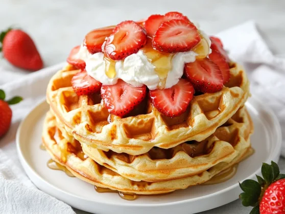 Stack Of Golden Strawberry Shortcake Waffles Topped With Fresh Strawberries And Whipped Cream On A White Plate