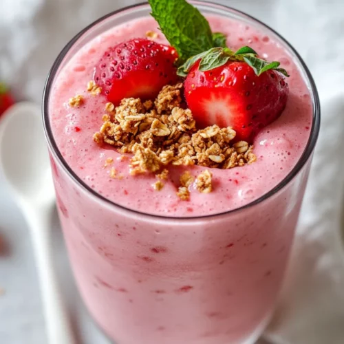 Strawberry Smoothie In A Clear Glass Topped With Granola And Fresh Mint On A White Surface