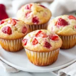 Golden-Brown Strawberry Yogurt Muffins On A White Plate, Garnished With Fresh Strawberries In Bright Natural Lighting