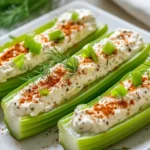 Stuffed Celery With Cream Cheese On A White Plate, Garnished With Dill And Paprika For Color And Flavor