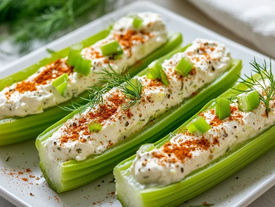 Stuffed Celery With Cream Cheese: A Healthy, Quick Snack Recipe 2 Stuffed Celery With Cream Cheese On A White Plate, Garnished With Dill And Paprika For Color And Flavor