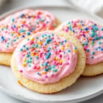 Delicious Sugar Cookie Frosting Spread On Decorated Cookies With Colorful Sprinkles On A White Plate.