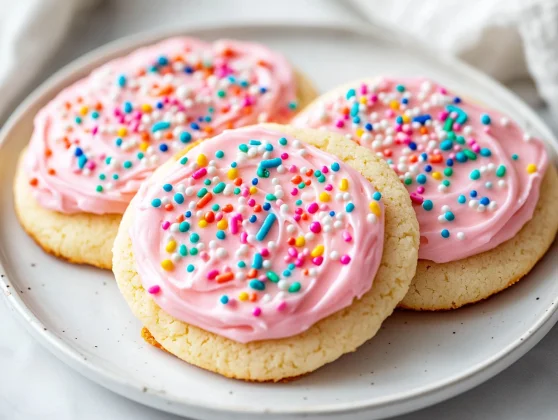 Sugar Cookie Frosting: Easy &Amp; Delicious Recipe Your Family Will Love 2 Delicious Sugar Cookie Frosting Spread On Decorated Cookies With Colorful Sprinkles On A White Plate.