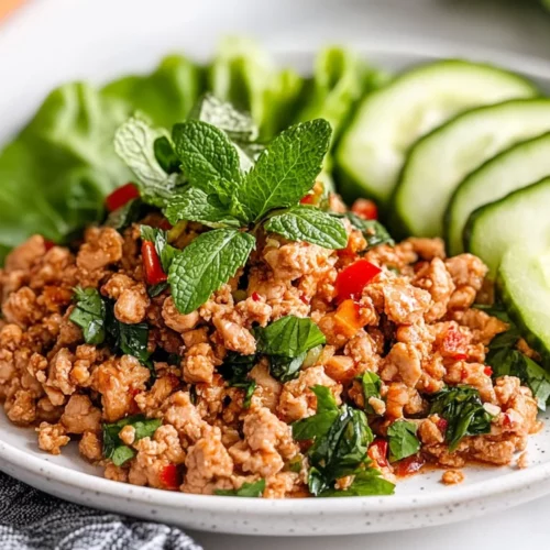 Thai Chicken Larb: Quick, Healthy, And Flavor-Packed Recipe 2 Plate Of Thai Chicken Larb Topped With Fresh Herbs And Cucumber Slices Served With Lime Wedges