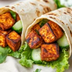 Tofu Shawarma Wraps Filled With Crispy Tofu, Lettuce, Tomatoes, And Tzatziki On A White Plate