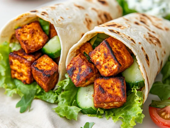 Irresistible Tofu Shawarma Recipe For A Healthy, Flavorful Meal 2 Tofu Shawarma Wraps Filled With Crispy Tofu, Lettuce, Tomatoes, And Tzatziki On A White Plate