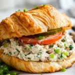 Tuna Salad Sandwich On A White Plate, Garnished With Tomato Slices And Green Onions, Set Against A Neutral Background.