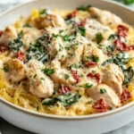 Tuscan Chicken Spaghetti Squash In A White Bowl Garnished With Parsley, Sun-Dried Tomatoes, And Creamy Sauce.
