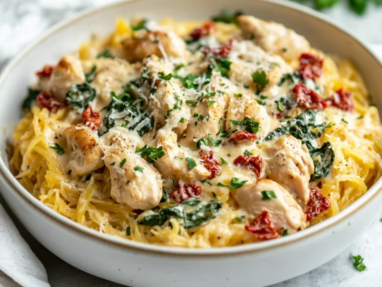 Tuscan Chicken Spaghetti Squash In A White Bowl Garnished With Parsley, Sun-Dried Tomatoes, And Creamy Sauce.