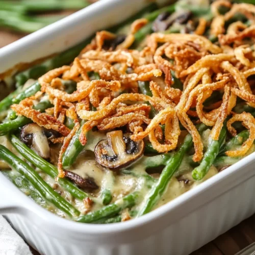 Delicious Vegan Green Bean Casserole In A White Dish, Topped With Crispy Onions And Served With A Kitchen Towel.